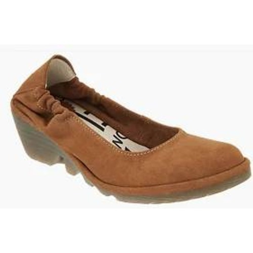 Fly London Women Tan Brown Nubuck Leather Low Wedge Pump Pled Poppy‎ Size 38